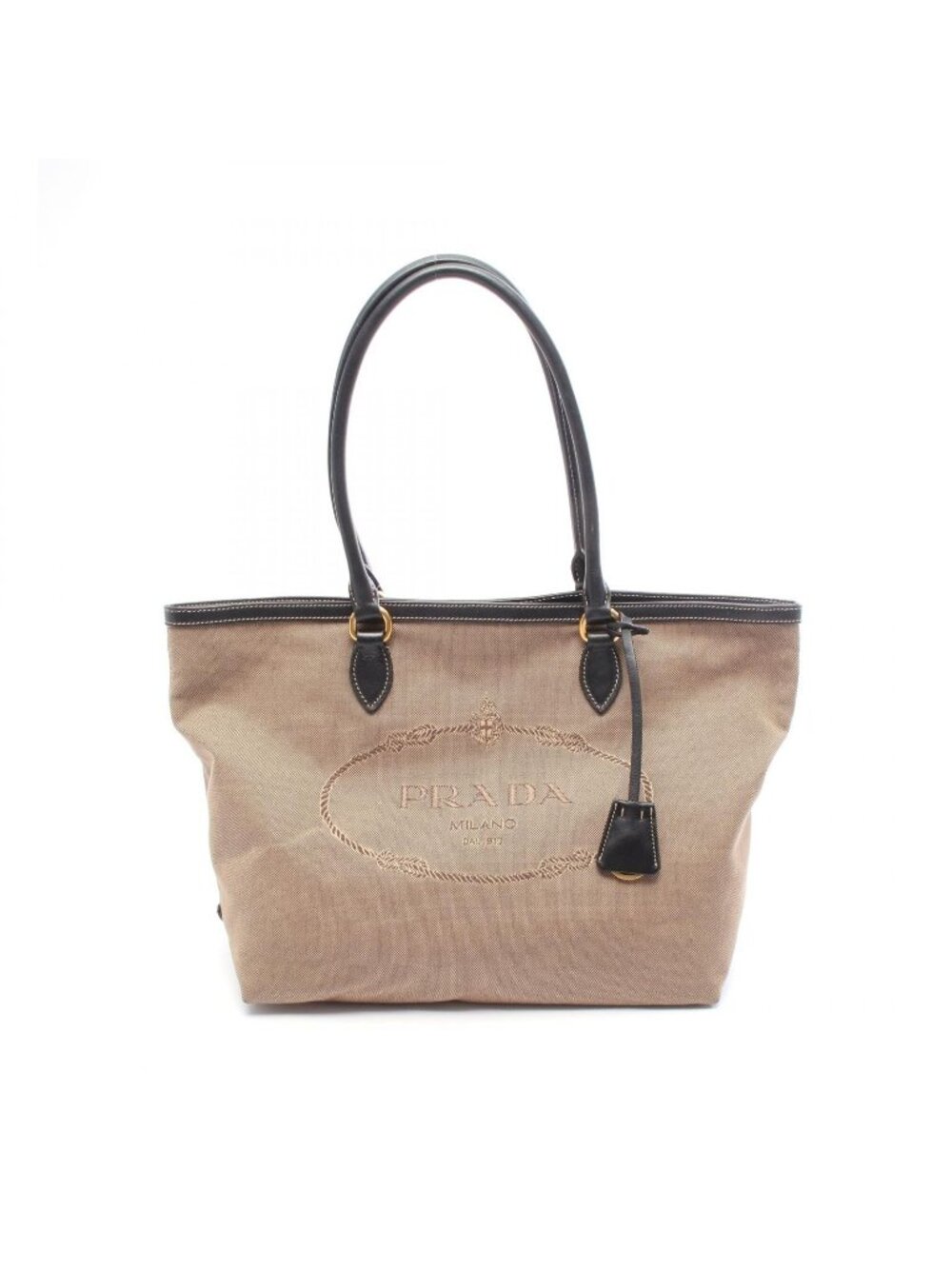 Prada Tote Bag Logo Jacquard Beige Black Canvas Leather